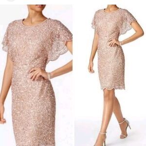 Adrianna Papell Rose Gold Beaded Flutter-Sleeve Mini Dress